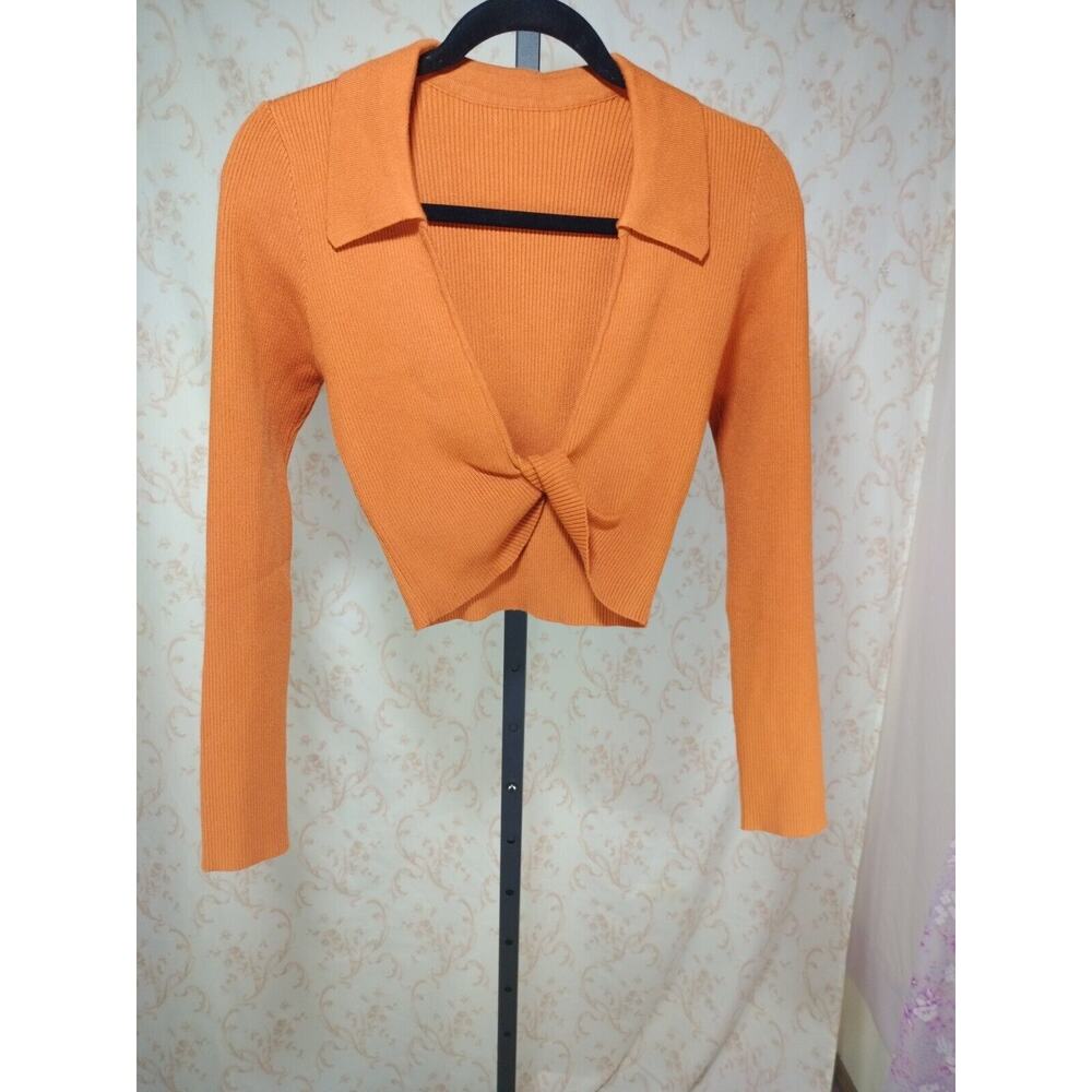 Women's Collared Deep Plunge Twist Crop Top Long Sleeve Sweater, Size Large